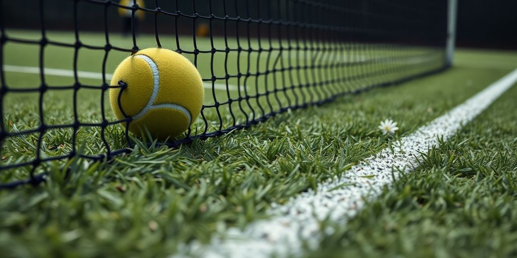 Tennisplatz mit Ball und Netz in detailreicher Ansicht.