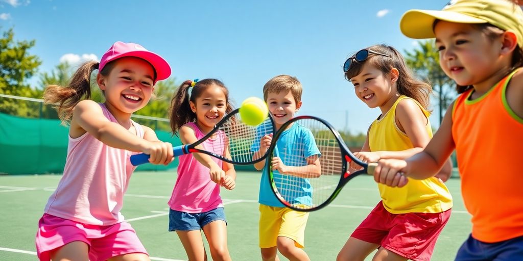 Kinder spielen Tennis auf einem Platz mit Sonne.