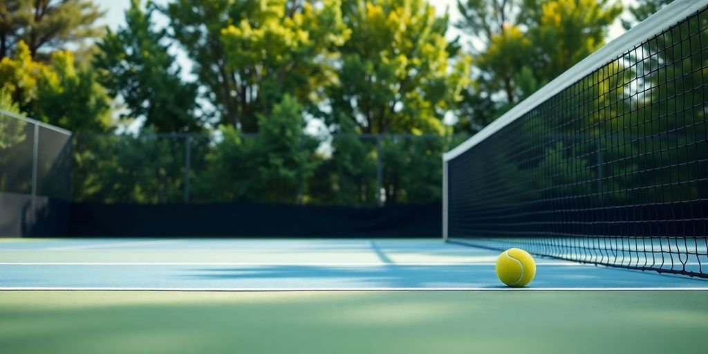 Tennisplatz mit leerem Spielfeld und Sonnenschein.